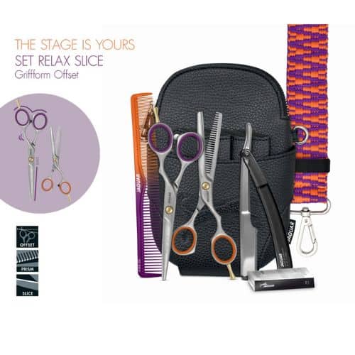 Zestaw BASIC SET THE STAGE IS YOURS RELAX SLICE 5.5  Nożyczki + Degażówki fryzjerskie jednostronne Jaguar RELAX SLICE 5,5" /5,5" + Akcesoria - nr.74